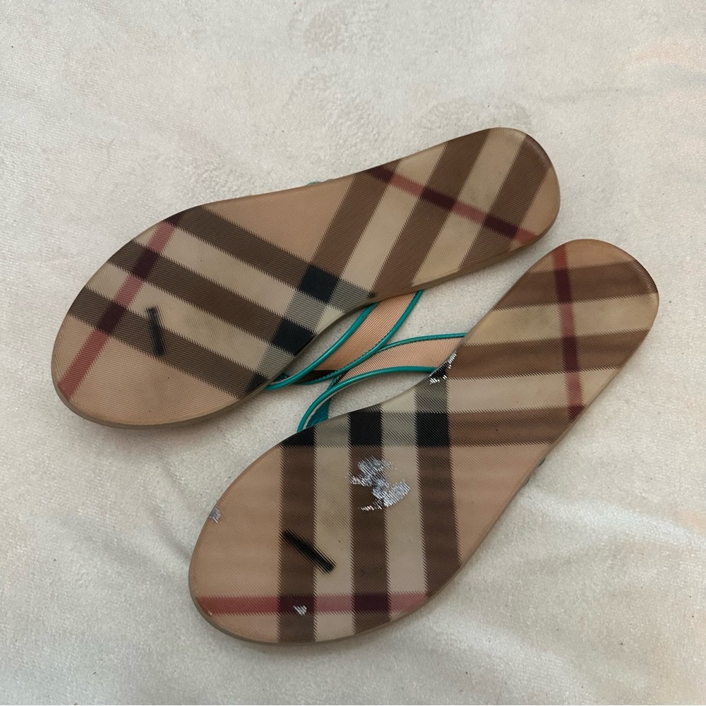 Burberry Turquoise Thong Sandals Nova Check Leather Buckle Flip Flops - Picture 5 of 7